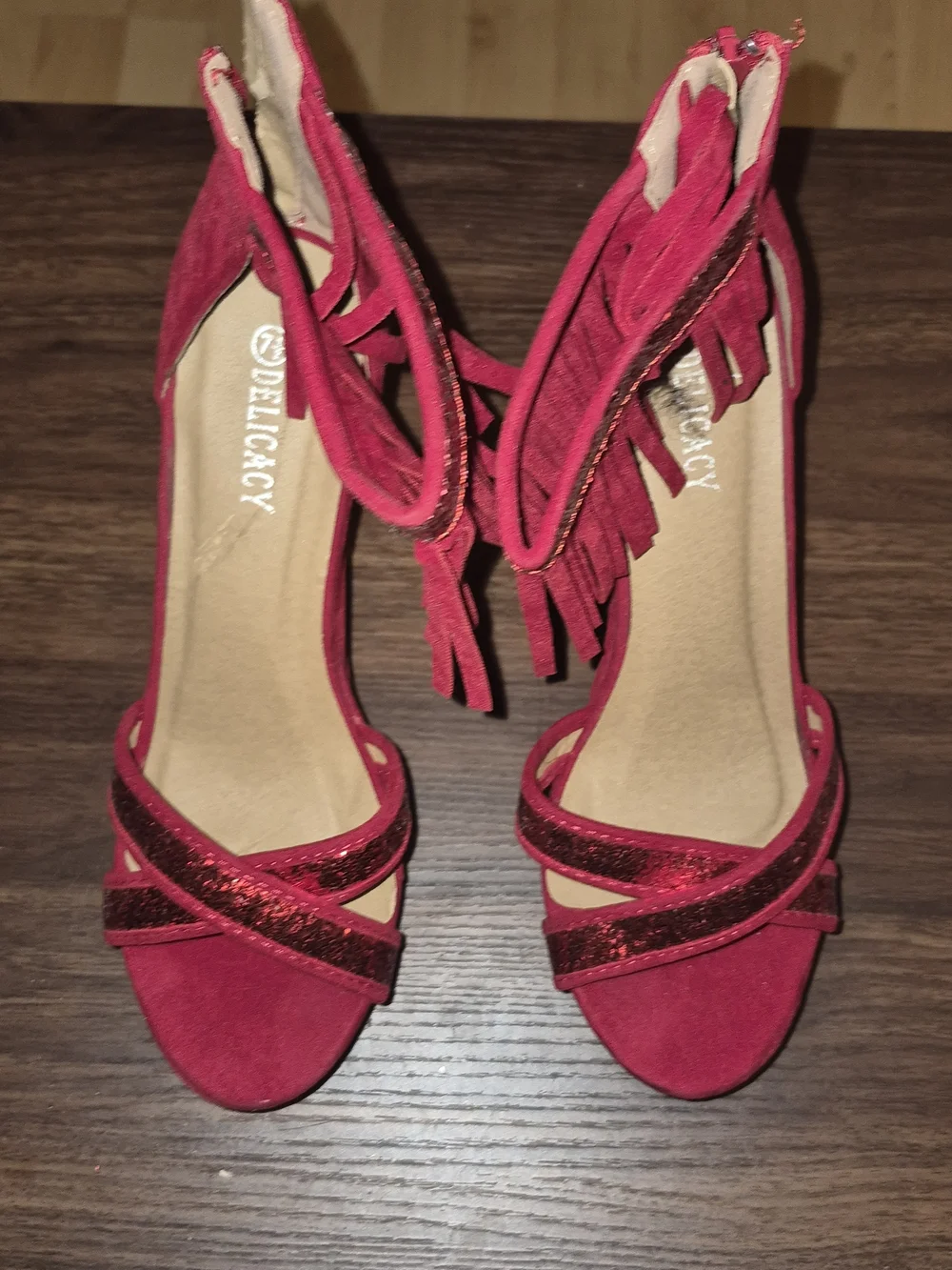 Women's Red Suede Fringe Wedge Sandals - Size 7.5